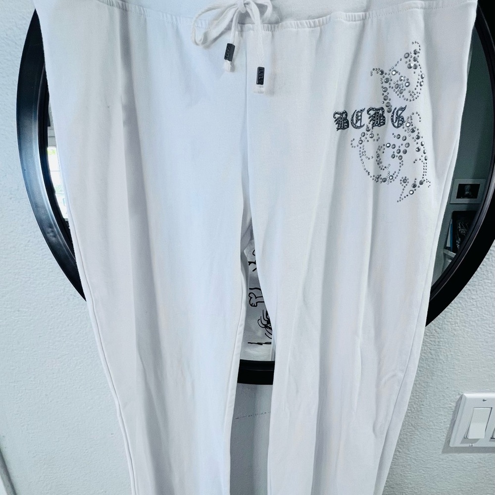 BCBG White Wide Leg Pants with Rhinestone Logo